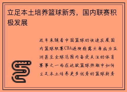 立足本土培养篮球新秀，国内联赛积极发展
