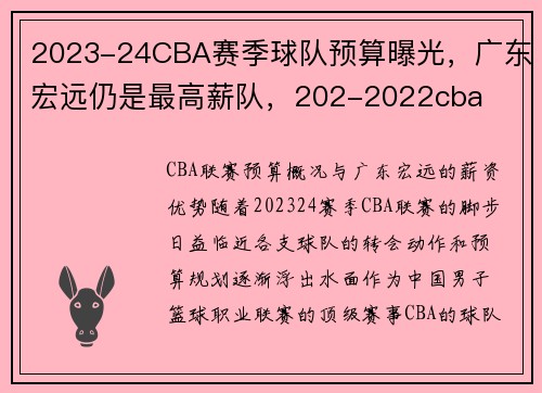 2023-24CBA赛季球队预算曝光，广东宏远仍是最高薪队，202-2022cba