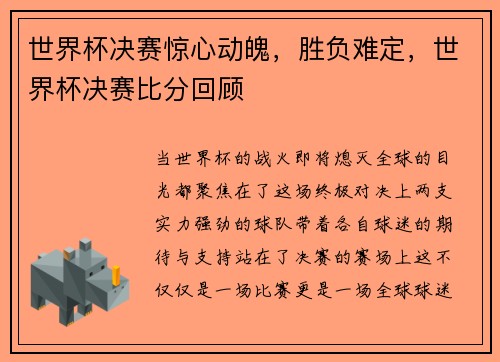 世界杯决赛惊心动魄，胜负难定，世界杯决赛比分回顾