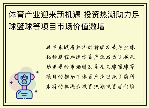 体育产业迎来新机遇 投资热潮助力足球篮球等项目市场价值激增