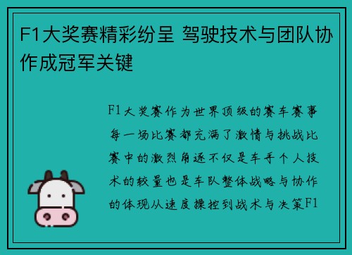 F1大奖赛精彩纷呈 驾驶技术与团队协作成冠军关键