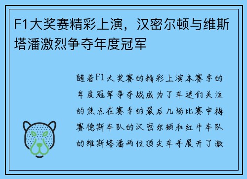 F1大奖赛精彩上演，汉密尔顿与维斯塔潘激烈争夺年度冠军