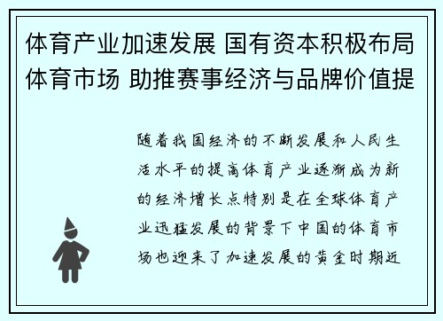 体育产业加速发展 国有资本积极布局体育市场 助推赛事经济与品牌价值提升