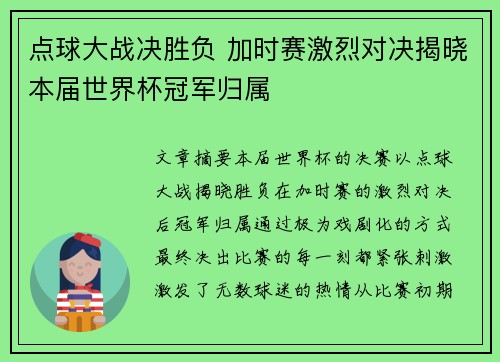 点球大战决胜负 加时赛激烈对决揭晓本届世界杯冠军归属
