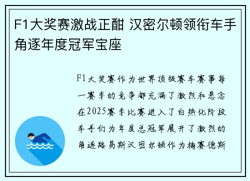 F1大奖赛激战正酣 汉密尔顿领衔车手角逐年度冠军宝座